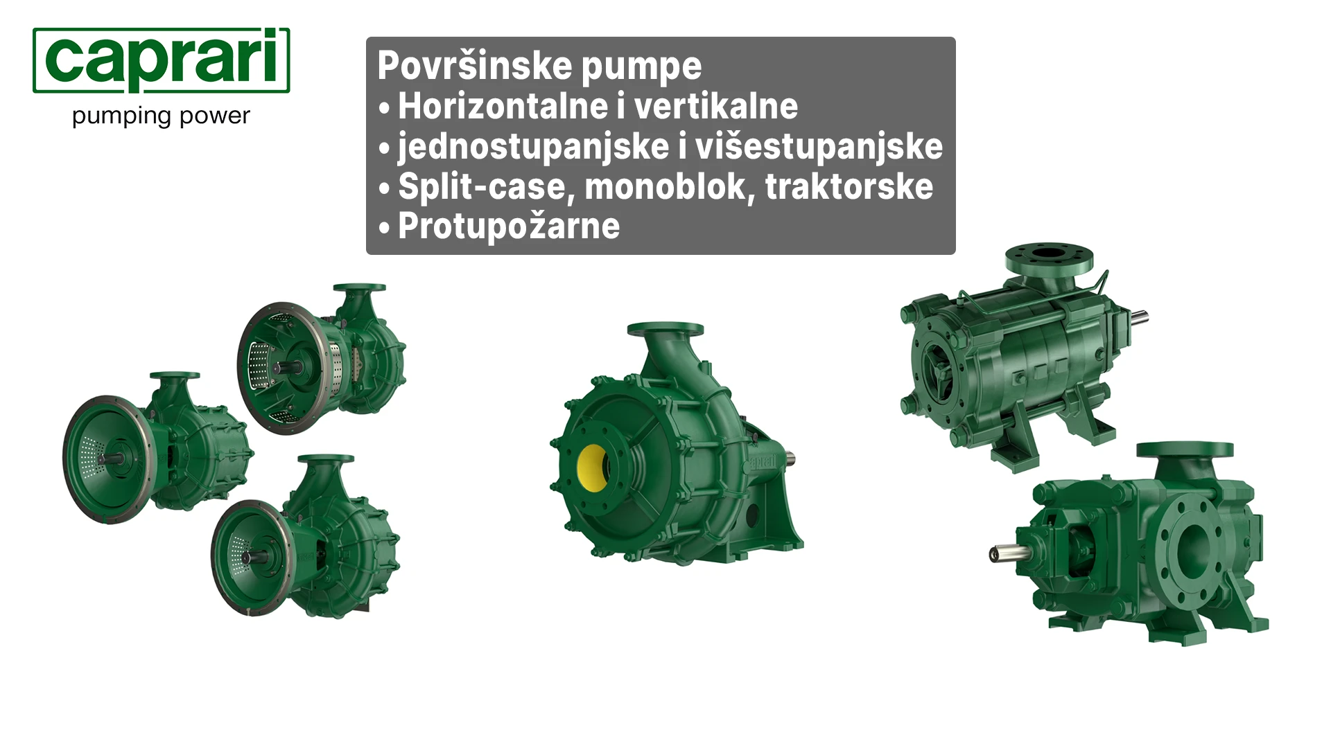Caprari površinske pumpe - horizontalne i vertikalne, jednostupanjske i višestupanjske, visokotlačne, split-case, monoblok, traktorske, protupožarne